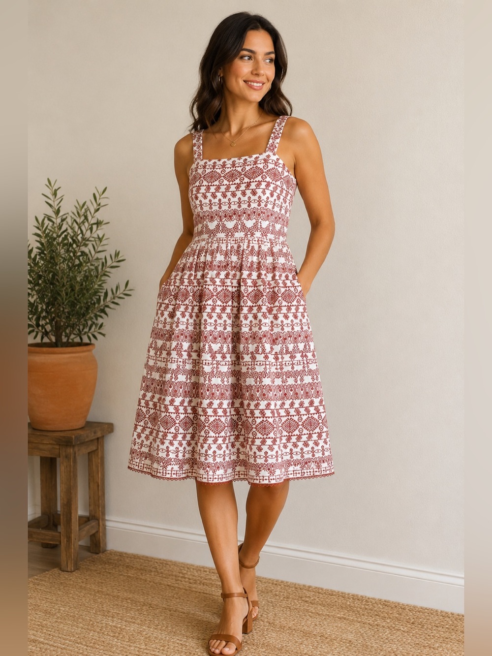 Antonio Melani White & Burgundy Fit & Flare Dress | Size 2 | Pockets